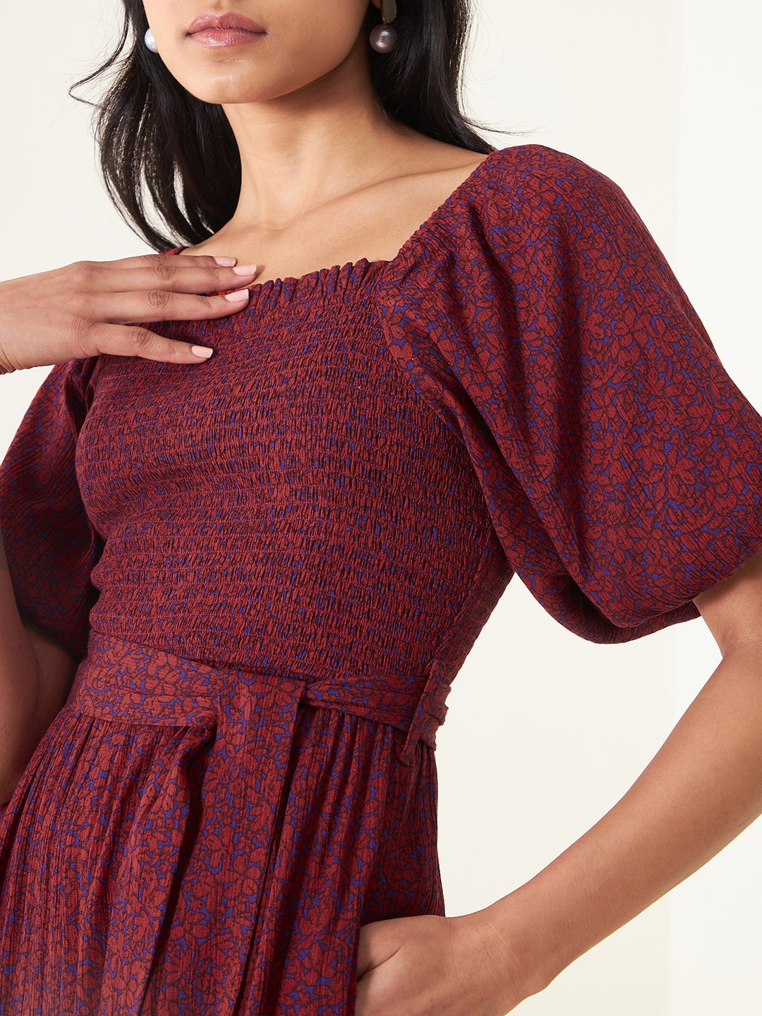Rust And Purple Floral Smocked Jumpsuit