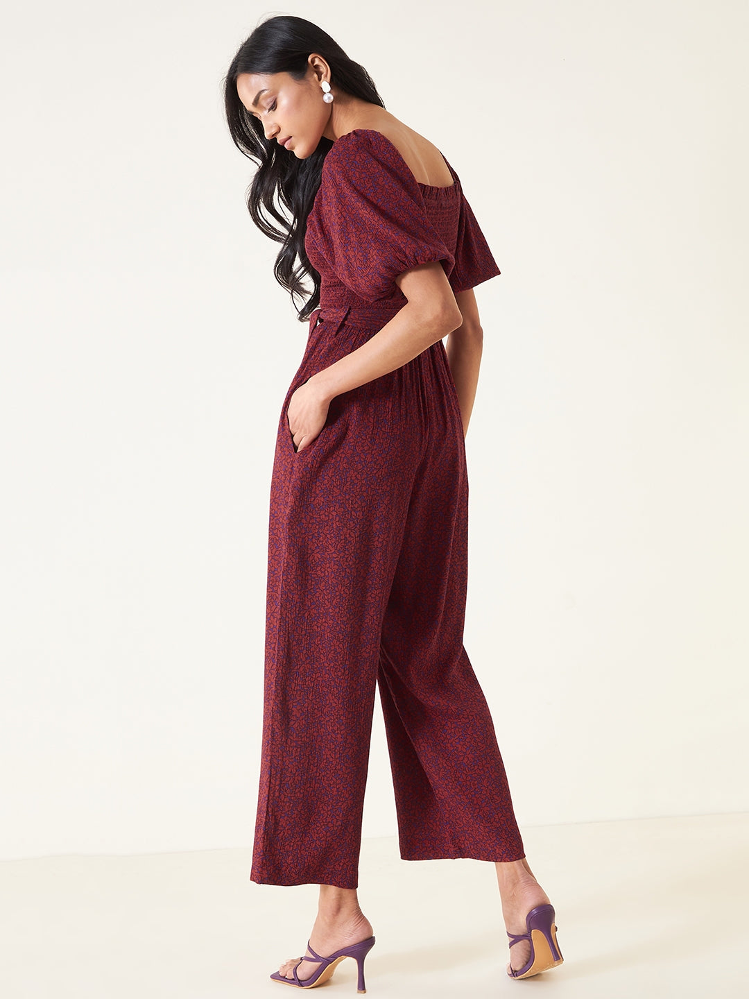 Rust And Purple Floral Smocked Jumpsuit