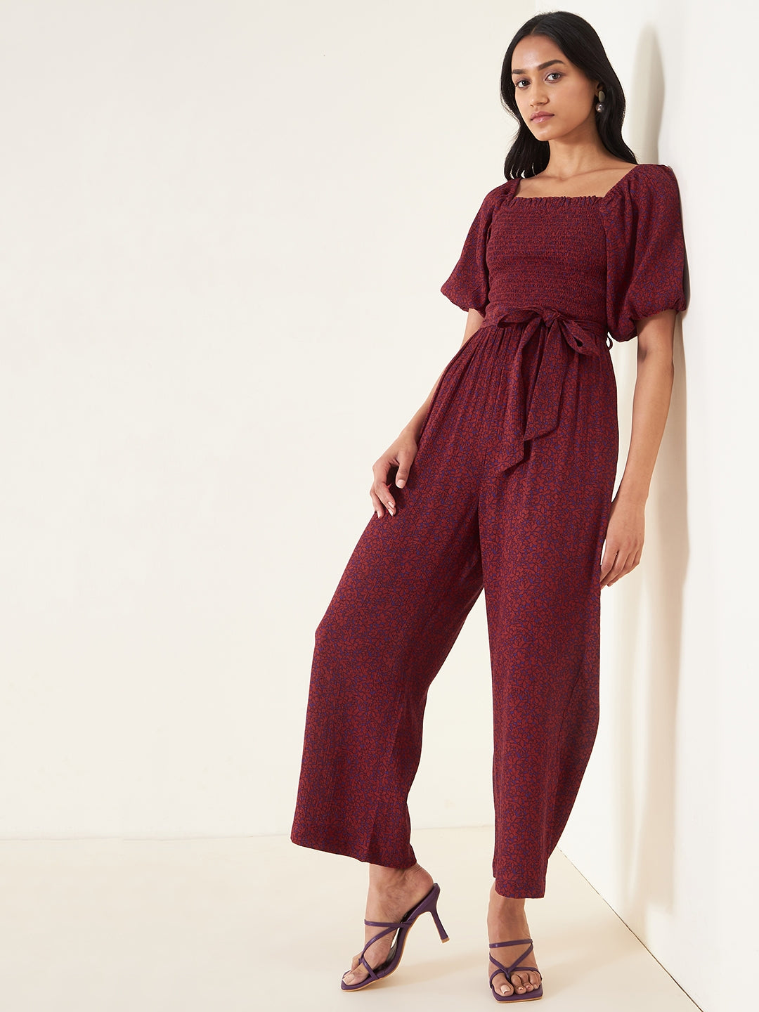Rust And Purple Floral Smocked Jumpsuit