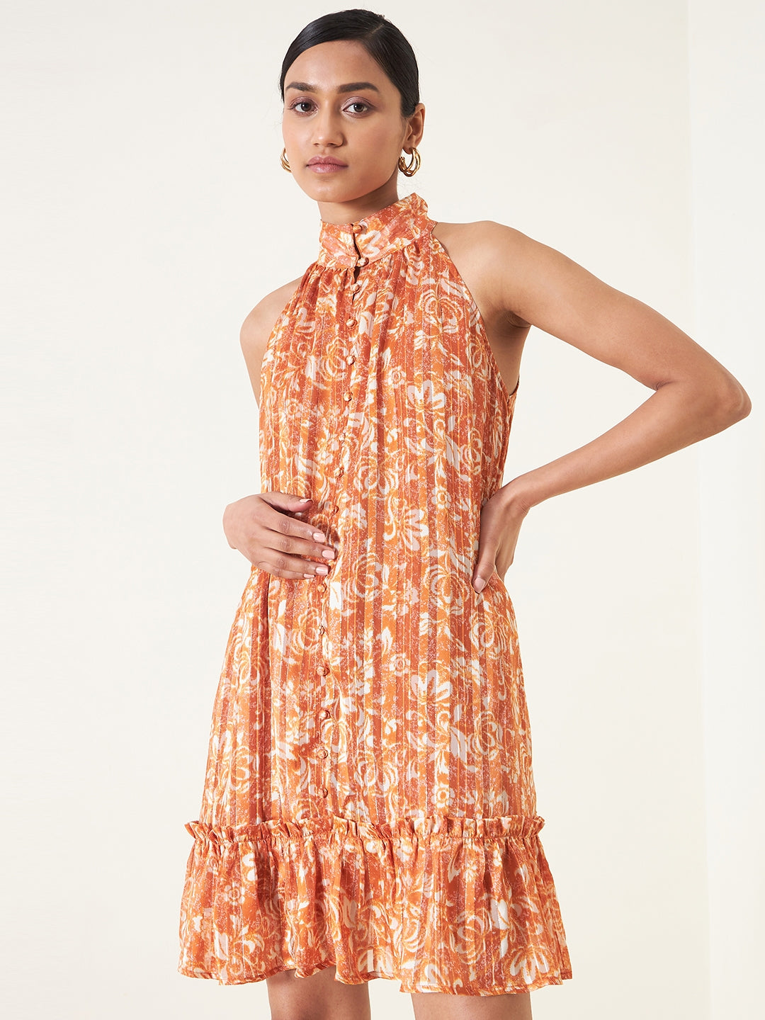 Orange Floral Halterneck Lurex Mini Dress