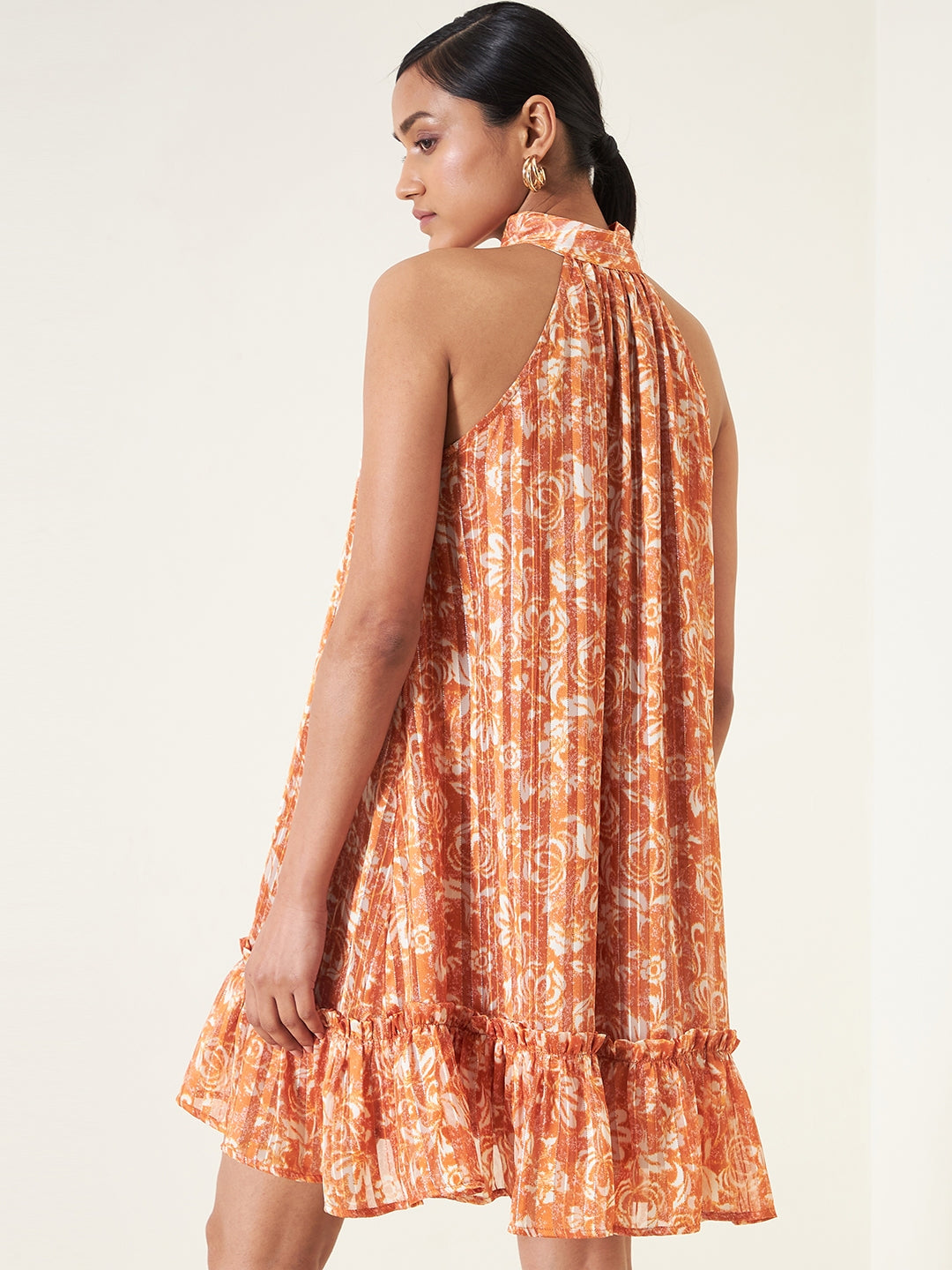 Orange Floral Halterneck Lurex Mini Dress
