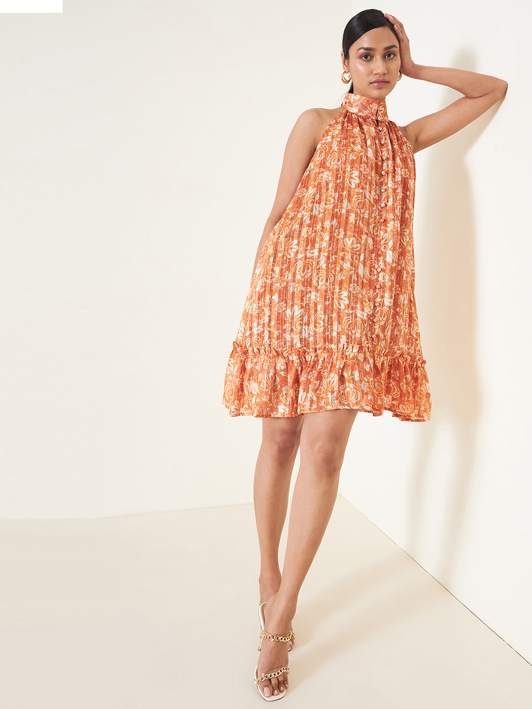 Orange Floral Halterneck Lurex Mini Dress