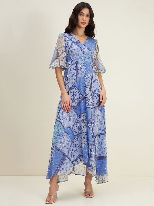 Blue Scarf Printed Maxi Dress