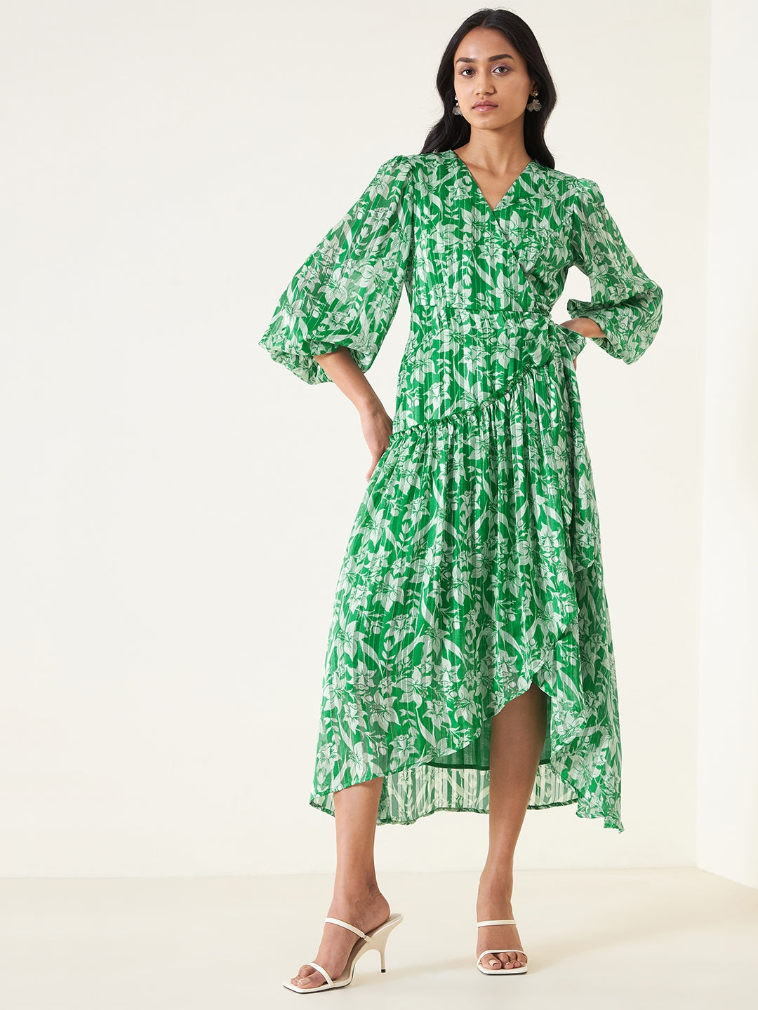 Green Floral Wrap Lurex Midi Dress