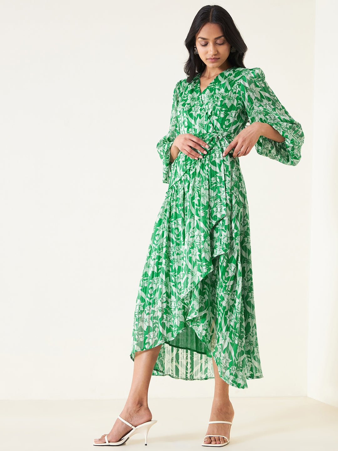 Green Floral Wrap Lurex Midi Dress