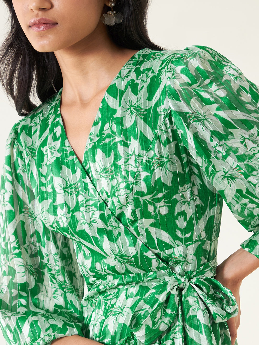 Green Floral Wrap Lurex Midi Dress