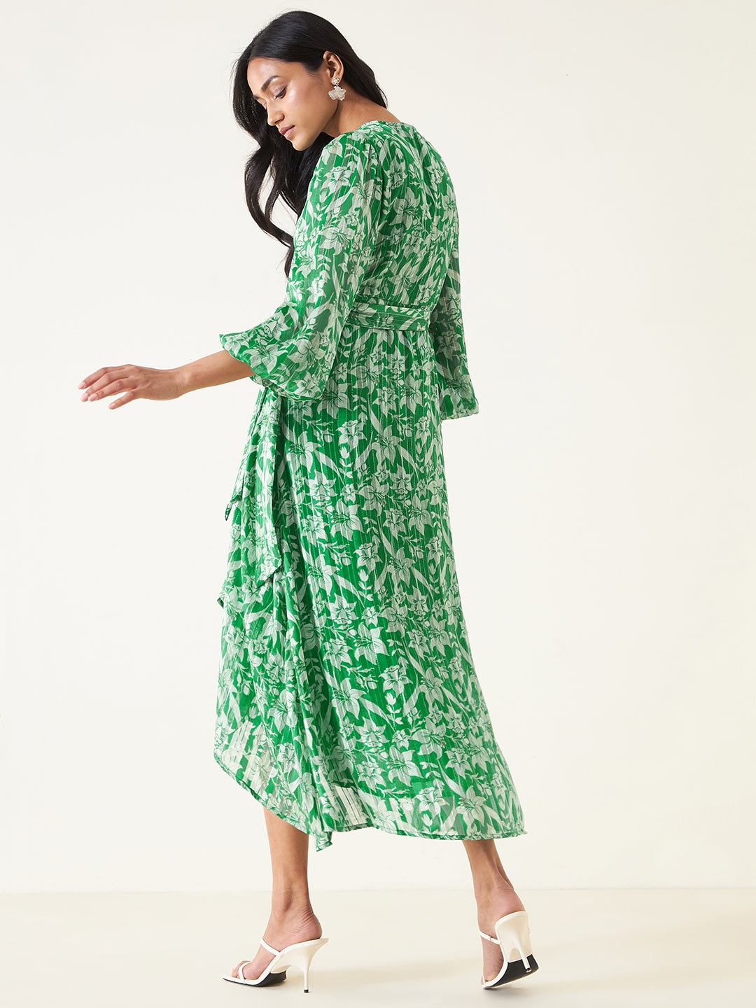 Green Floral Wrap Lurex Midi Dress