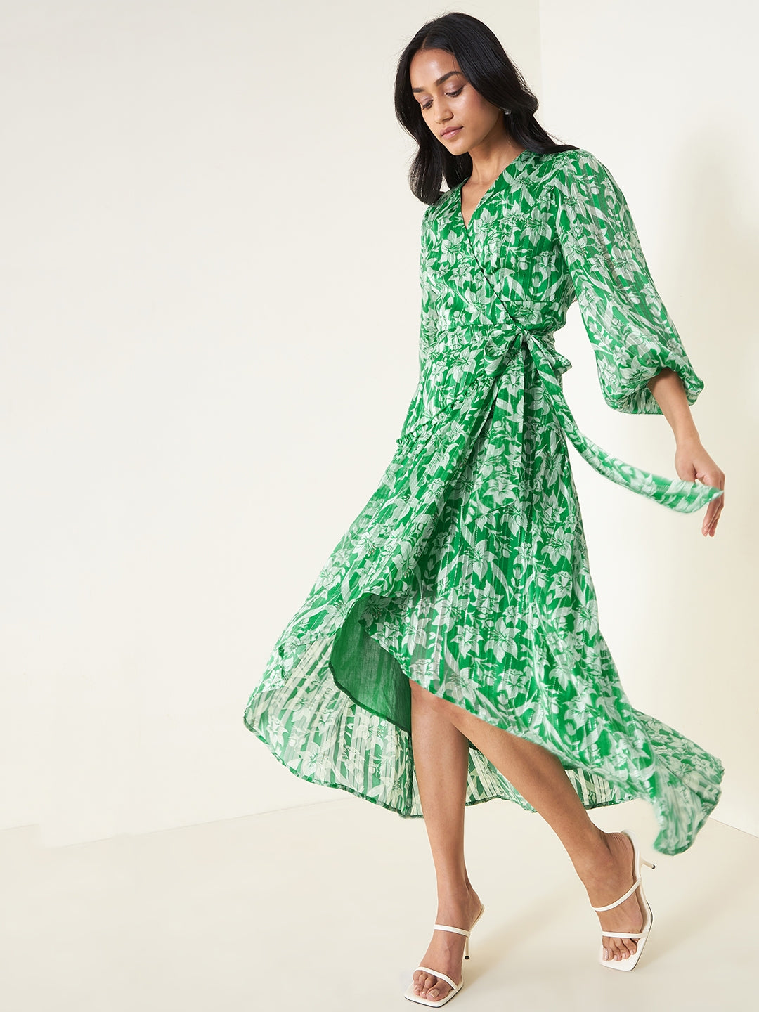 Green Floral Wrap Lurex Midi Dress