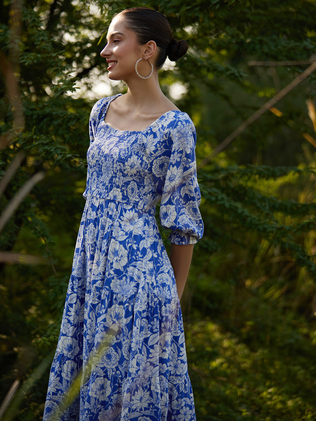 Blue And White Floral Smocked Tiered Midi Dress