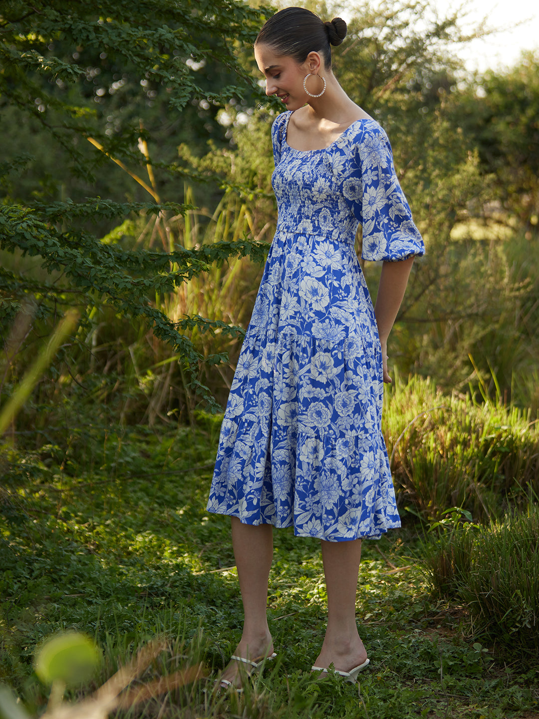 Blue And White Floral Smocked Tiered Midi Dress