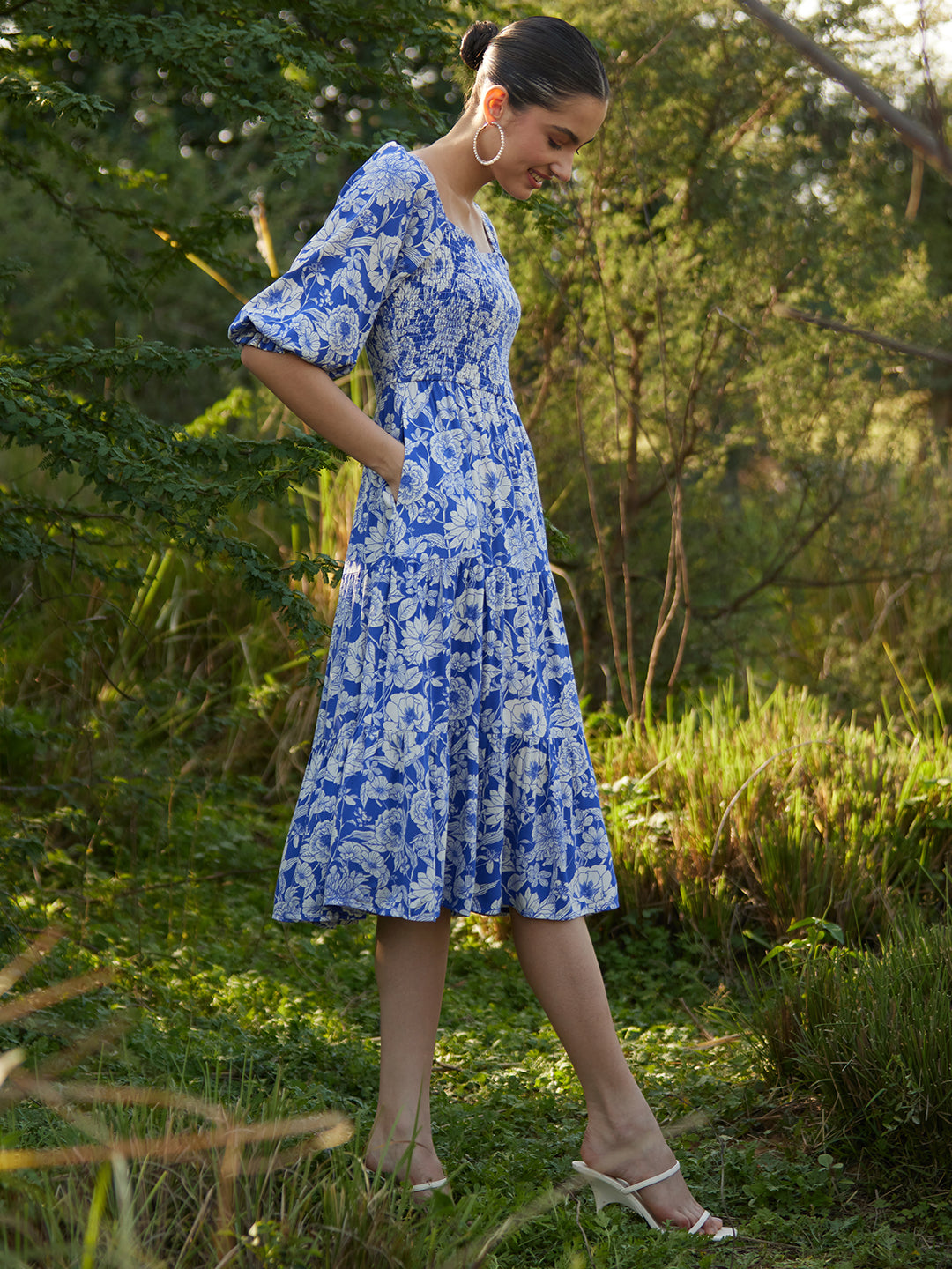 Blue And White Floral Smocked Tiered Midi Dress