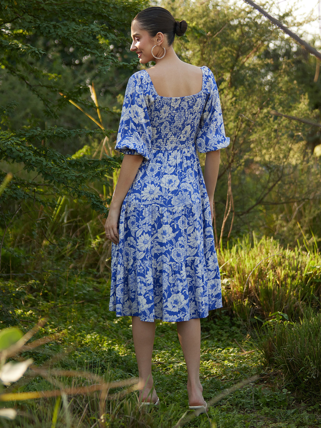 Blue And White Floral Smocked Tiered Midi Dress