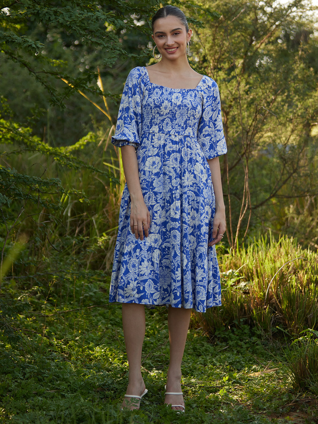 Blue And White Floral Smocked Tiered Midi Dress