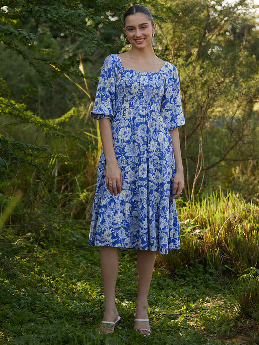 Blue And White Floral Smocked Tiered Midi Dress