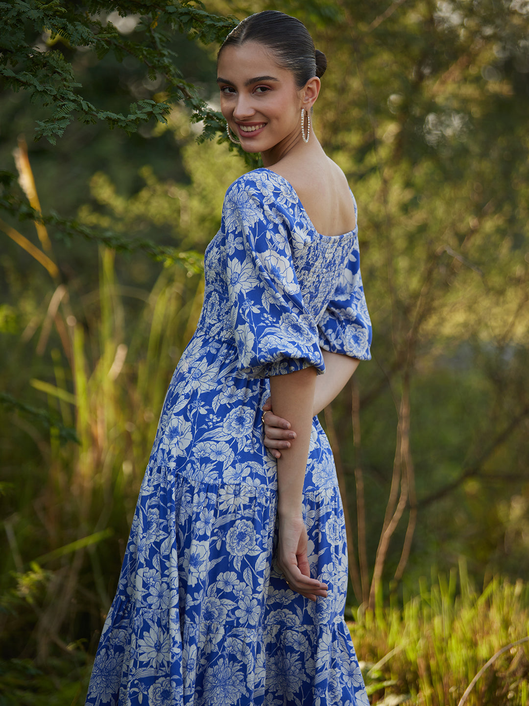 Blue And White Floral Smocked Tiered Midi Dress