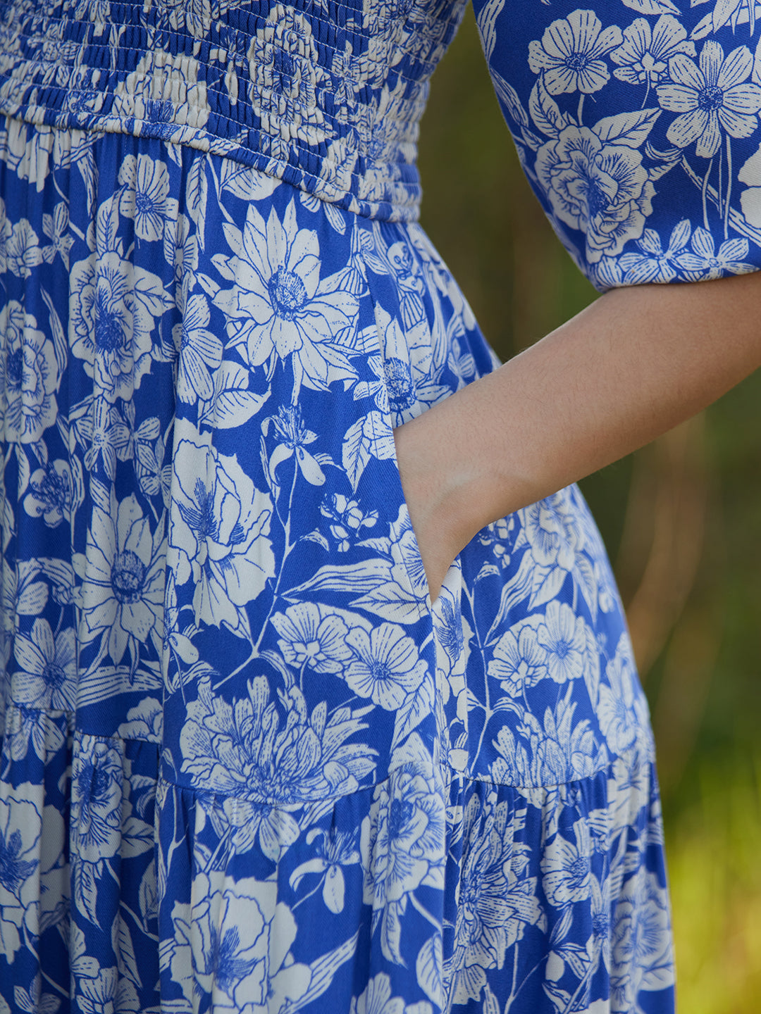 Blue And White Floral Smocked Tiered Midi Dress