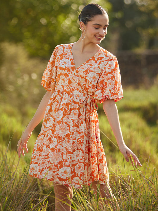 Orange And White Floral Wrap Mini Dress
