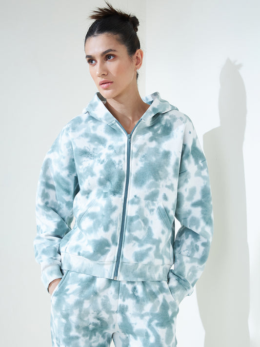 Green Tie-Dye Hooded Cropped Fleece Zip Up