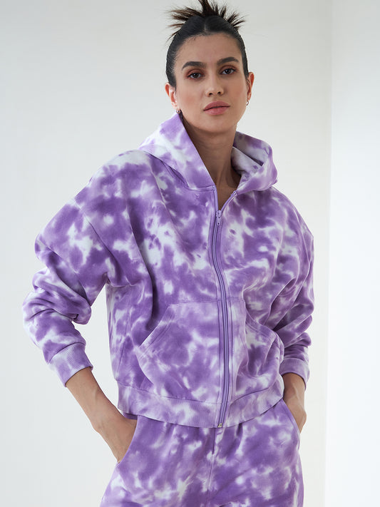 Lavender Tie-Dye Hooded Cropped Fleece Zip Up