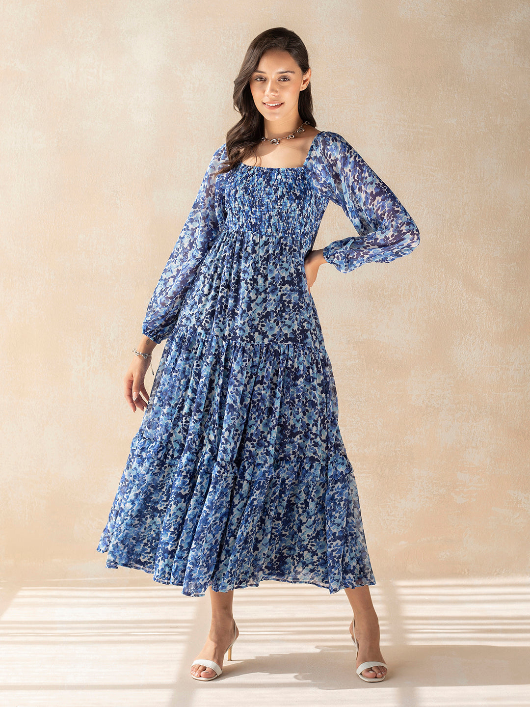 Women Blue & Maroon Floral Printed V-Neck Crepe Fit & Flare Maxi Dress -  Berrylush