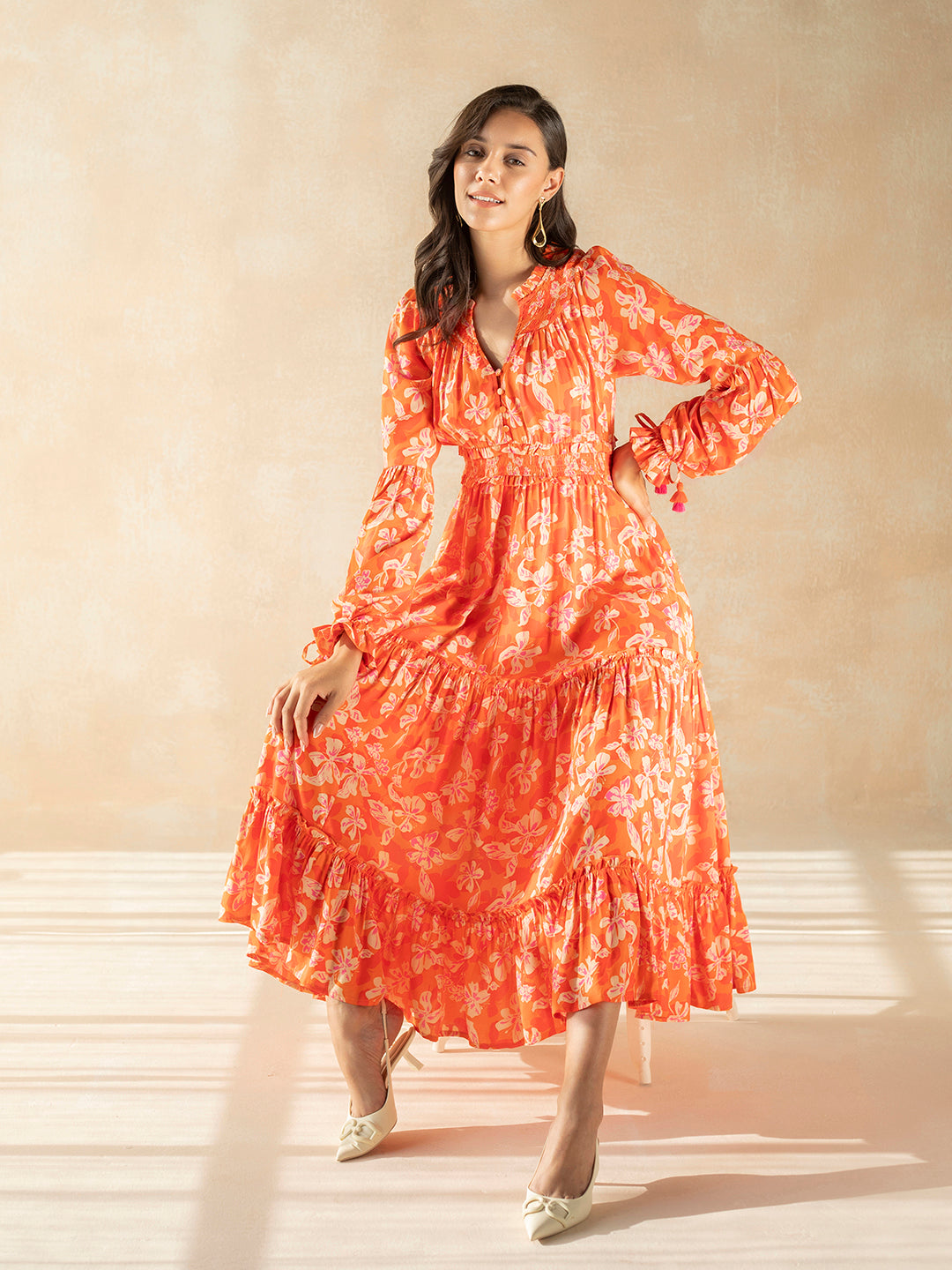 Orange Floral Smocked Tiered Maxi Dress