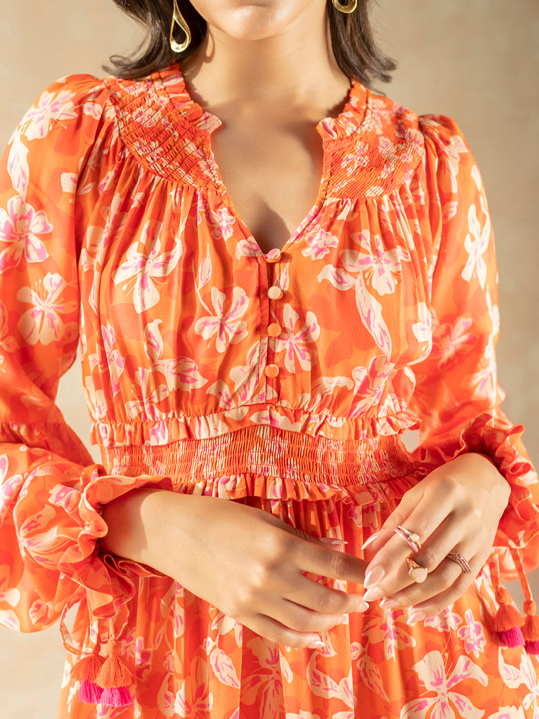 Orange Floral Smocked Tiered Maxi Dress