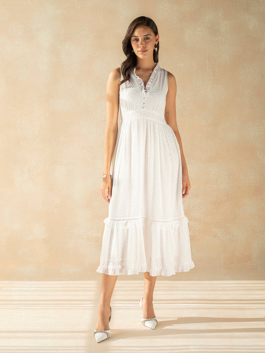White Chevron Dobby Tiered Maxi Dress
