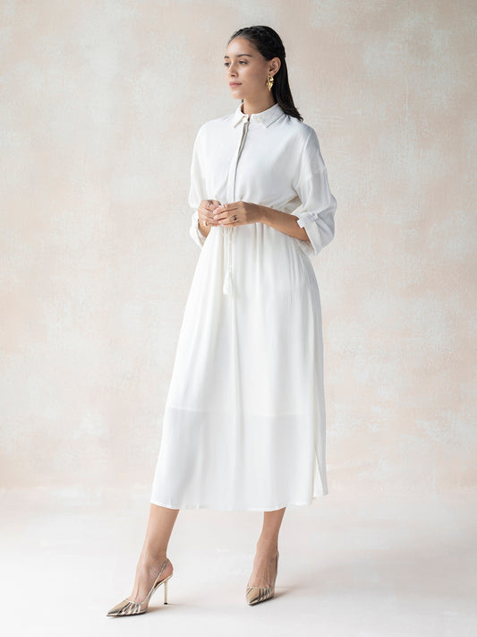 White Crinkled Shirt Maxi  Dress