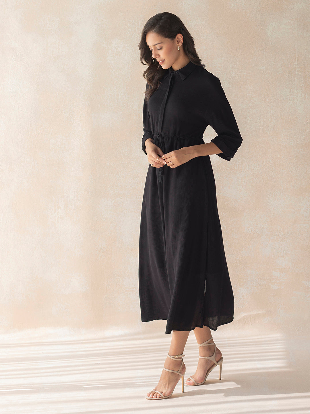 Black Crinkled Shirt Maxi Dress