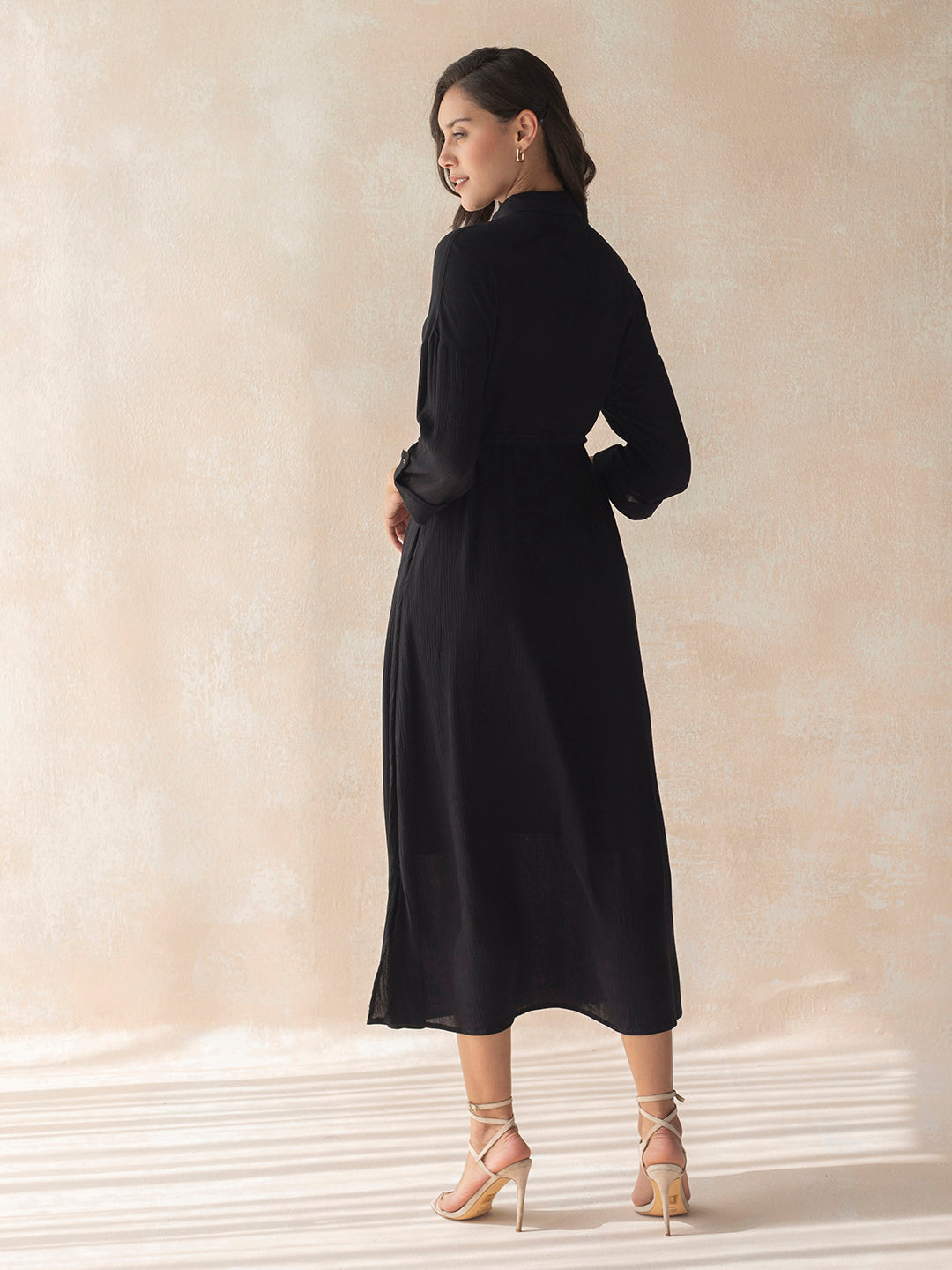 Black Crinkled Shirt Maxi Dress