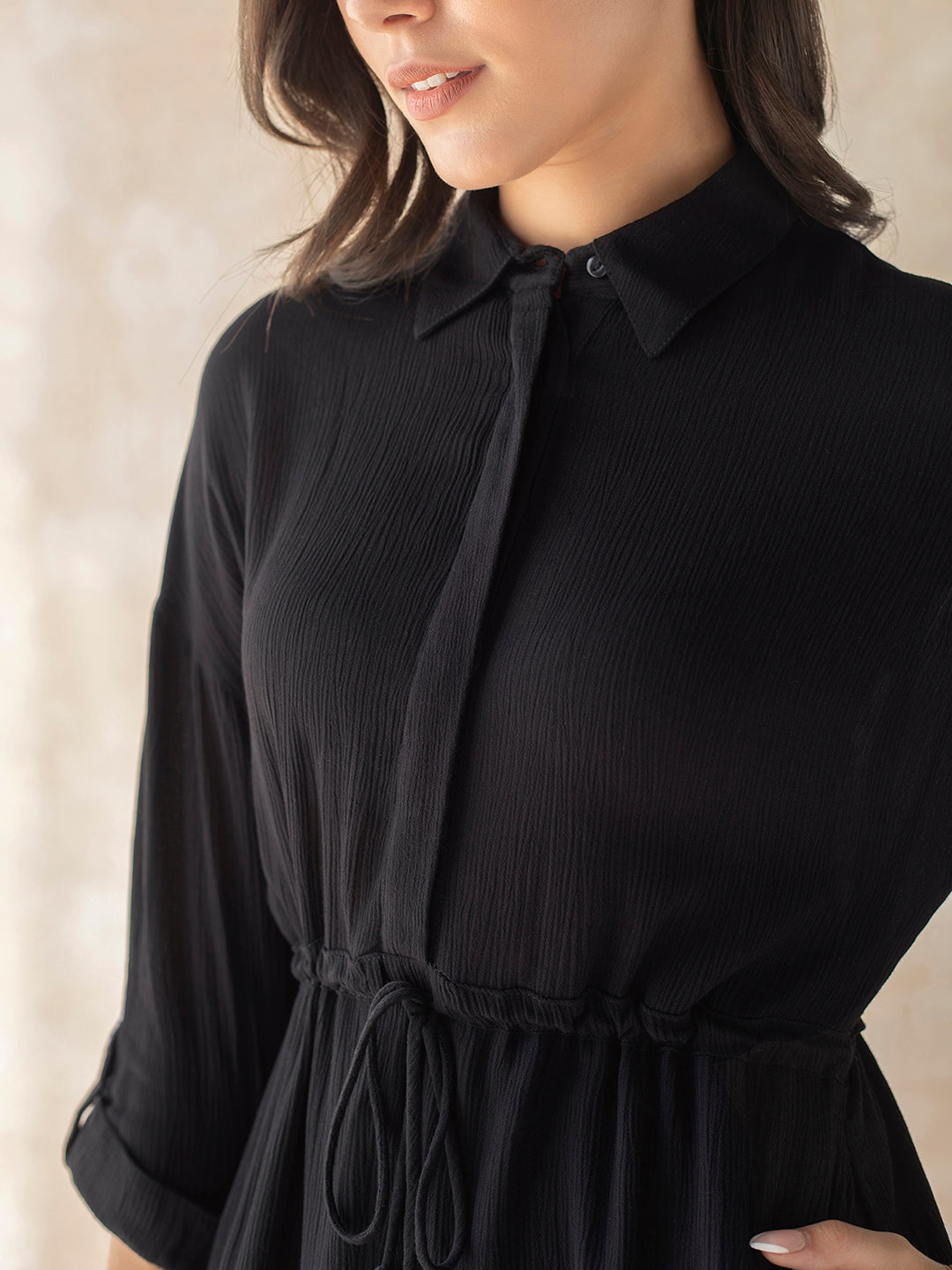 Black Crinkled Shirt Maxi Dress