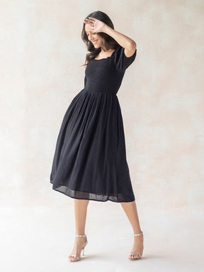 Black Crinkled Smocked Midi Dress
