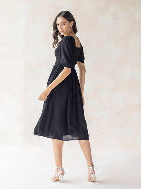 Black Crinkled Smocked Midi Dress