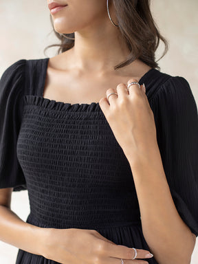 Black Crinkled Smocked Midi Dress