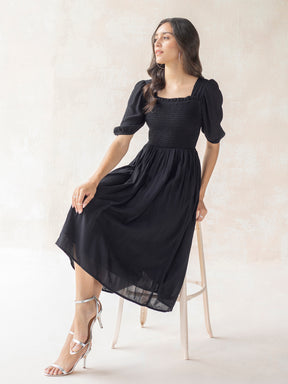 Black Crinkled Smocked Midi Dress