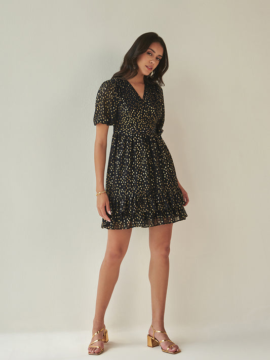 Black Golden Foil Printed Mini Wrap Dress