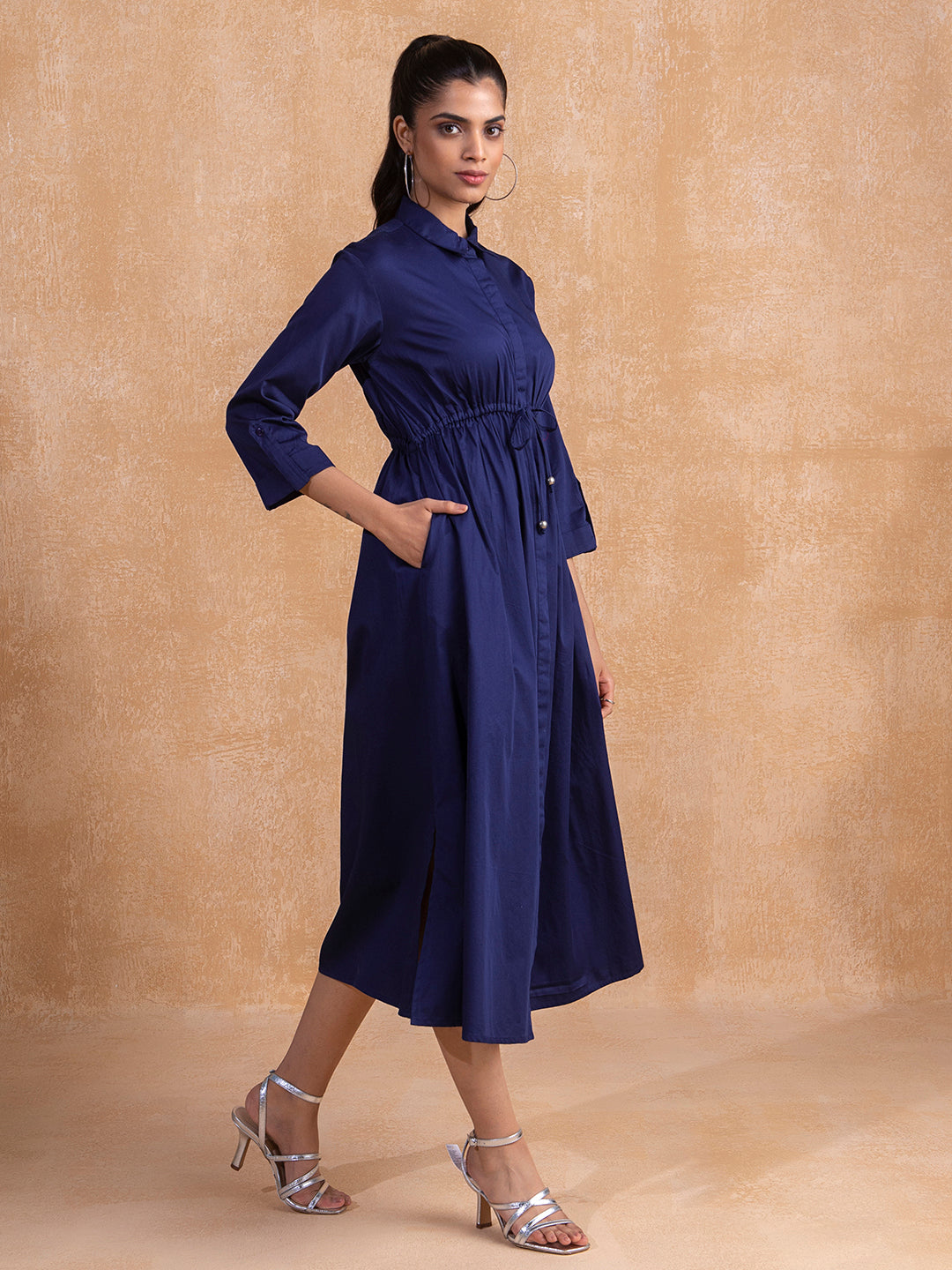 Navy Cotton Button Down Shirt Maxi Dress